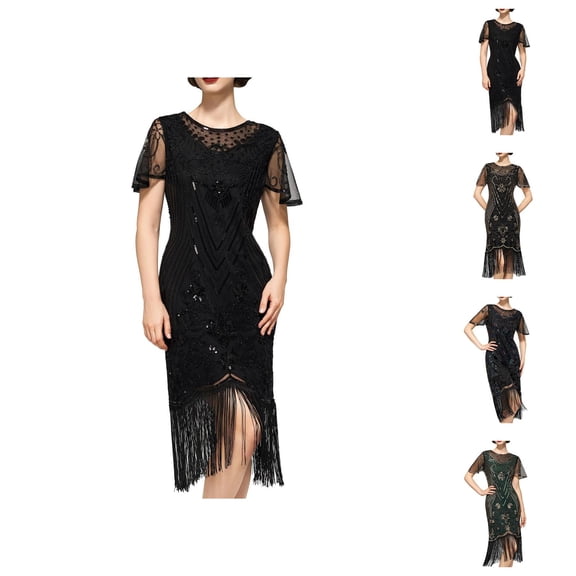 1920s Flapper Dresses for Women Short Sleeve Crewneck Tassel Hem Bodycon Knee Length Dress Datsby Dresses Dress