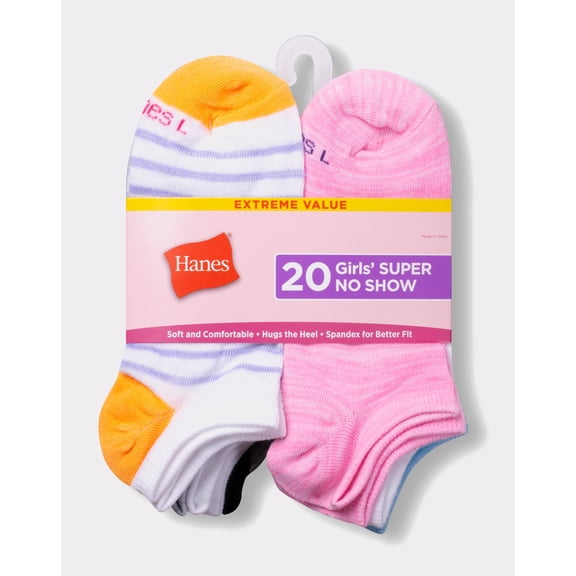 Hanes Girls' Super No Show Socks, Value Pack, 20-Pairs Assorted M