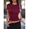 thumbnail image 5 of Gynyvoja Short Sleeve Shirts for Women Round Neck Basic Double Lined Tees Fitted Y2k Crop Tops Wine Red L, 5 of 8