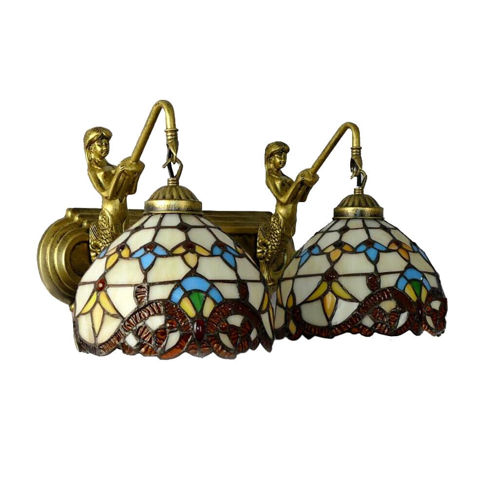 Miumaeov 2 Lights Tiffany Style Mermaid Wall Sconce Vanity Fixture Wall Lamp Stained Glass Wall Mounted Lighting Fixture