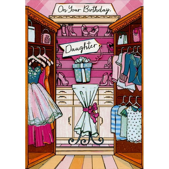 Designer Greetings Closet with Die Cut Window and 3D Tip On Present Inside Birthday Card for Daughter