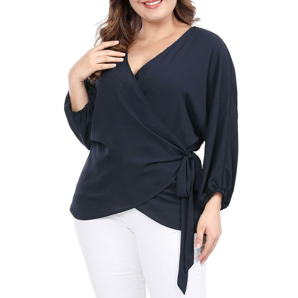 Unique Bargains Women's Plus Size Vneck Batwing Sleeve Tie Wrap