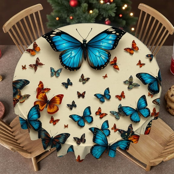 RKSupls 60 Inch Round Tablecloth, Blue Butterfly Pattern Polyester Table Cover - Soft, Stain Resistant & Washable Decor for Wedding, Party, Holiday, Home Dining