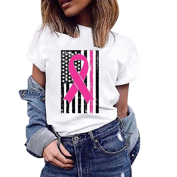 Lilgiuy Breast Cancer Awareness T-Shirt for Women Plus Size Round Neck Graphic Tees Casual Basic Short Sleeve Tops Streetwear