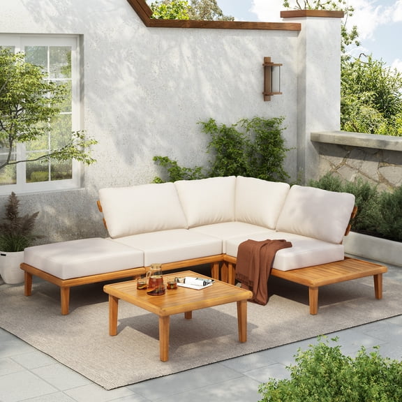 Christopher Knight Home 5-Piece Outdoor Sectional Set with Coffee Table, Beige Cushions, Teak Finish