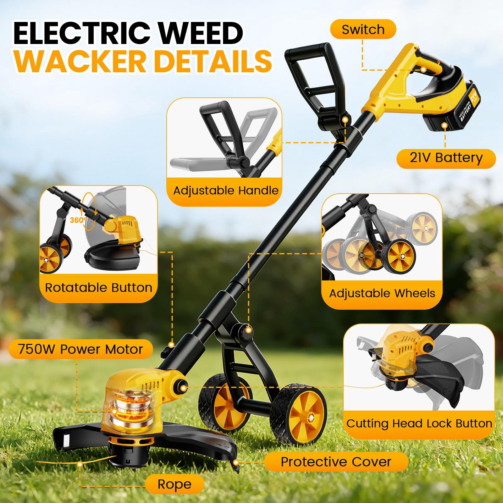 Cordless String Trimmer With Wheels  14-inch 2x3.0ah 21v Weed Eater Electric Lawn Mower Wacker Brush Grass For Garden Yard