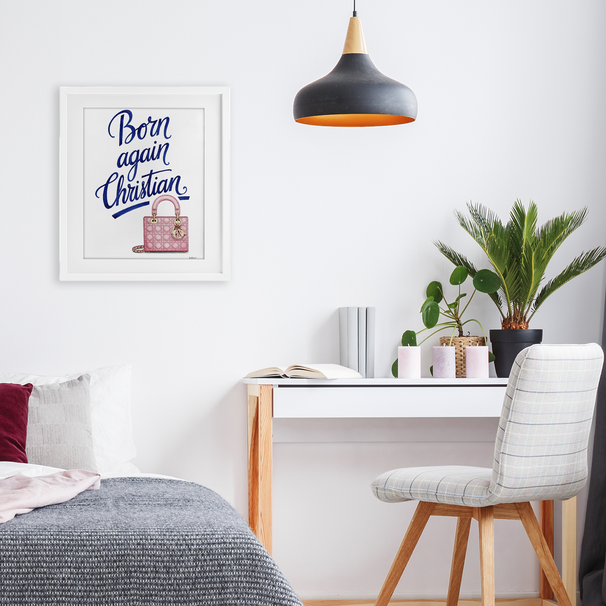Glam Born Again Christian White Framed Print Under Glass, design by Amanda Greenwood