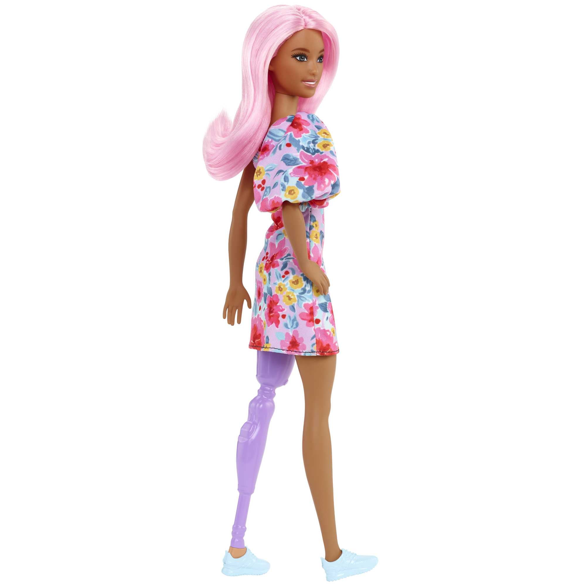 Barbie Fashionistas Doll #189 in Floral Dress with Prosthetic Leg, Pink Hair & Accessories
