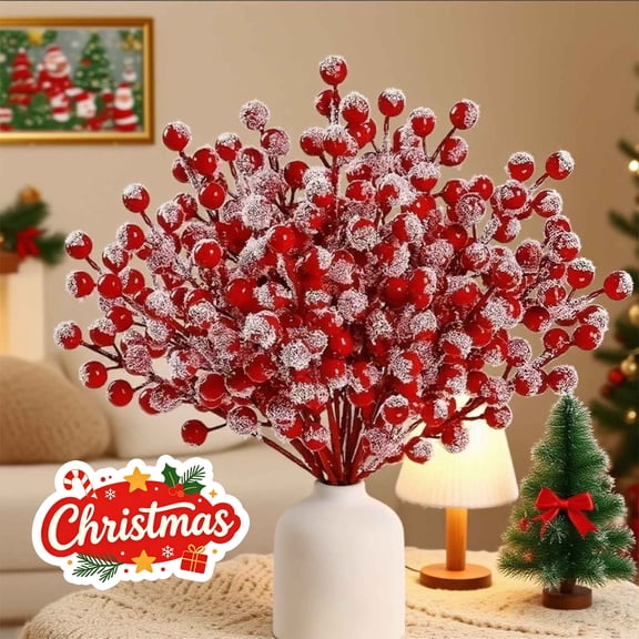 12pcs Snow Dusted Artificial Red Berry Stems, Frosted Faux Berry Branches,Christmas Decorations for Indoor and Outdoor, Vase Fillers for Table, Xmas Tree and Winter Family Celebration Layouts