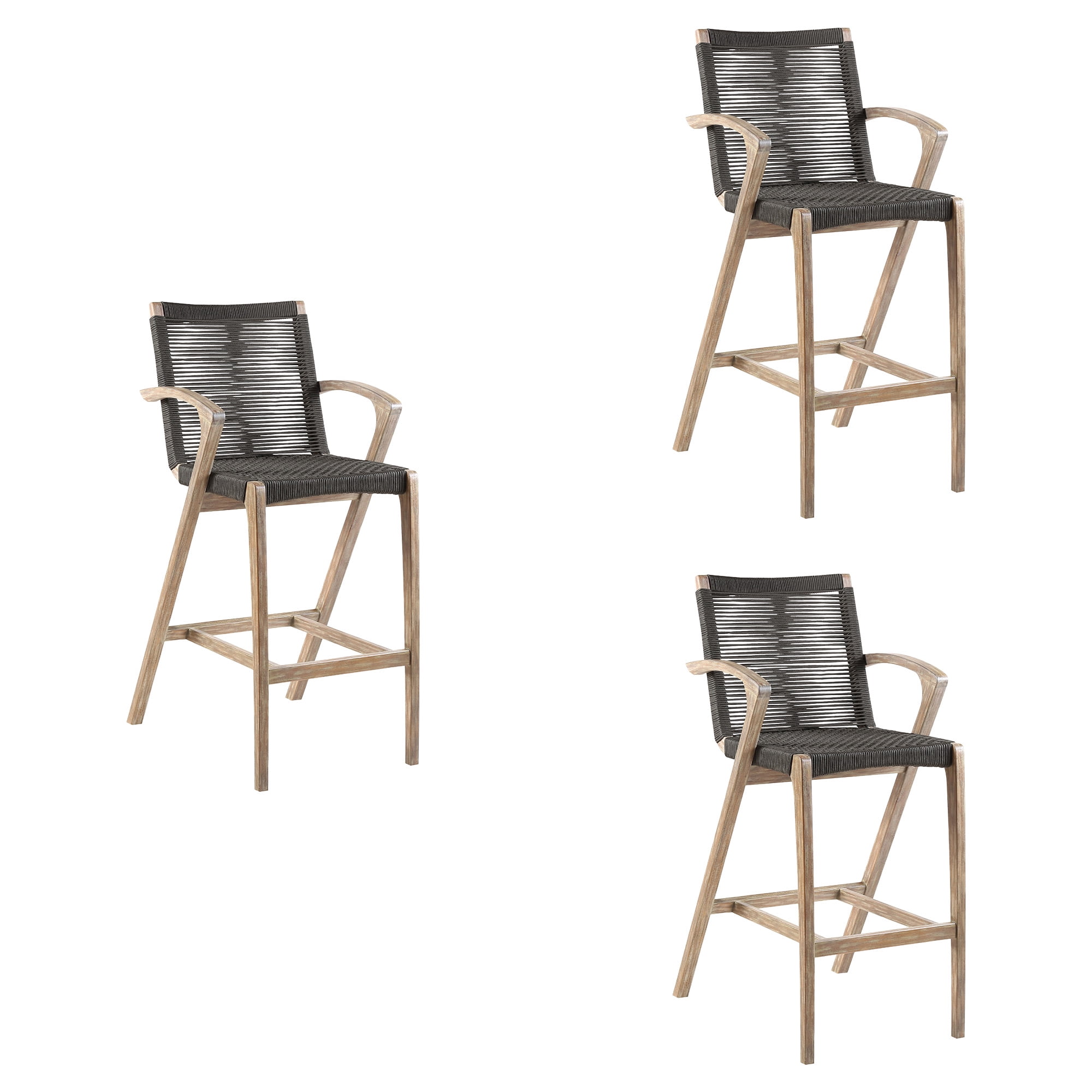 Brielle Outdoor Light Eucalyptus Wood and Charcoal Rope Counter Height Stool - Set of 3