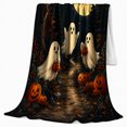 thumbnail image 2 of Whimsical Spooky Forest Scene Friendly Ghosts Glowing Jack-O'-Lanterns, Festive Halloween Scene, Warm Flannel Blanket for Cabin and Lodge, Art Lovers Halloween Gift, Festive Home Decor, 2 of 9