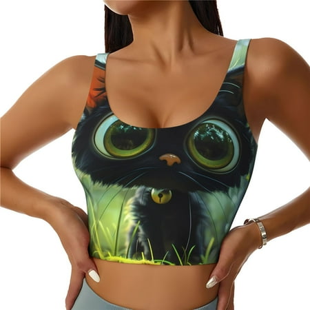 Fotbe Cute Big-Eyed Black Cat Pattern Womens  Sports Bra Longline Wirefree Padded with Medium Support Sports Moisture-Wicking Workou Vest Tank Top-XX-Large