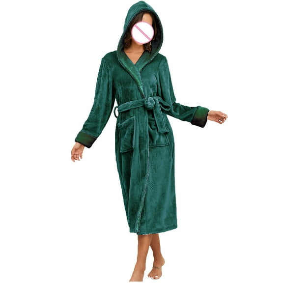 Penkiiy Womens Hooded Plush Bathrobe Warm Fleece Soft Long Robe Fuzzy Full Length Gown Shower for Women M Green