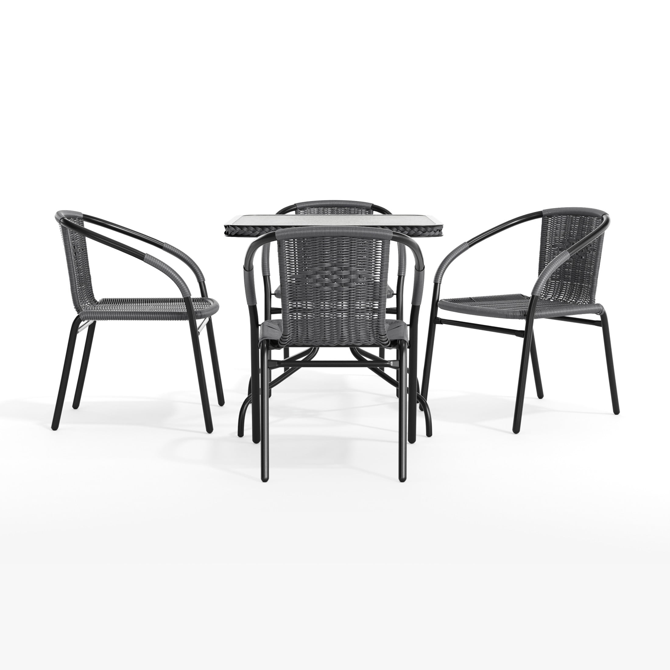 Flash Furniture 28'' Square Glass Metal Table with Gray Rattan Edging and 4 Gray Rattan Stack Chairs