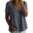 thumbnail image 2 of CHGBMOK Womens Cotton Linen T Shirts V Neck Short Sleeve Solid Top Front Ruched Cutout Lace Boho Casual Shirts, 2 of 6