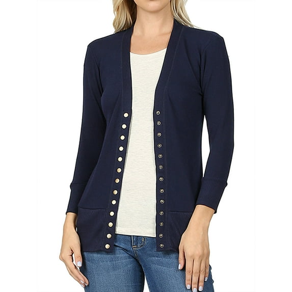 Women Classic Thin Snap Button Front V-Neck Button Down 3/4 Sleeve Ribbed Knit Cardigan