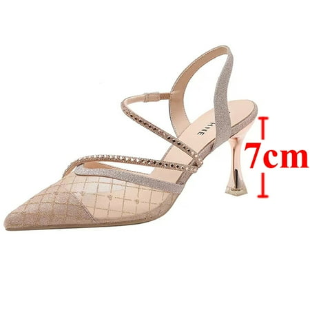 

Bling Crystal High Heels Sandals for Women Summer Pointed Toe Rhinestones Thin Heel Pumps Woman Sexy Transparet Mesh Party Shoes Champagne 7cm 36