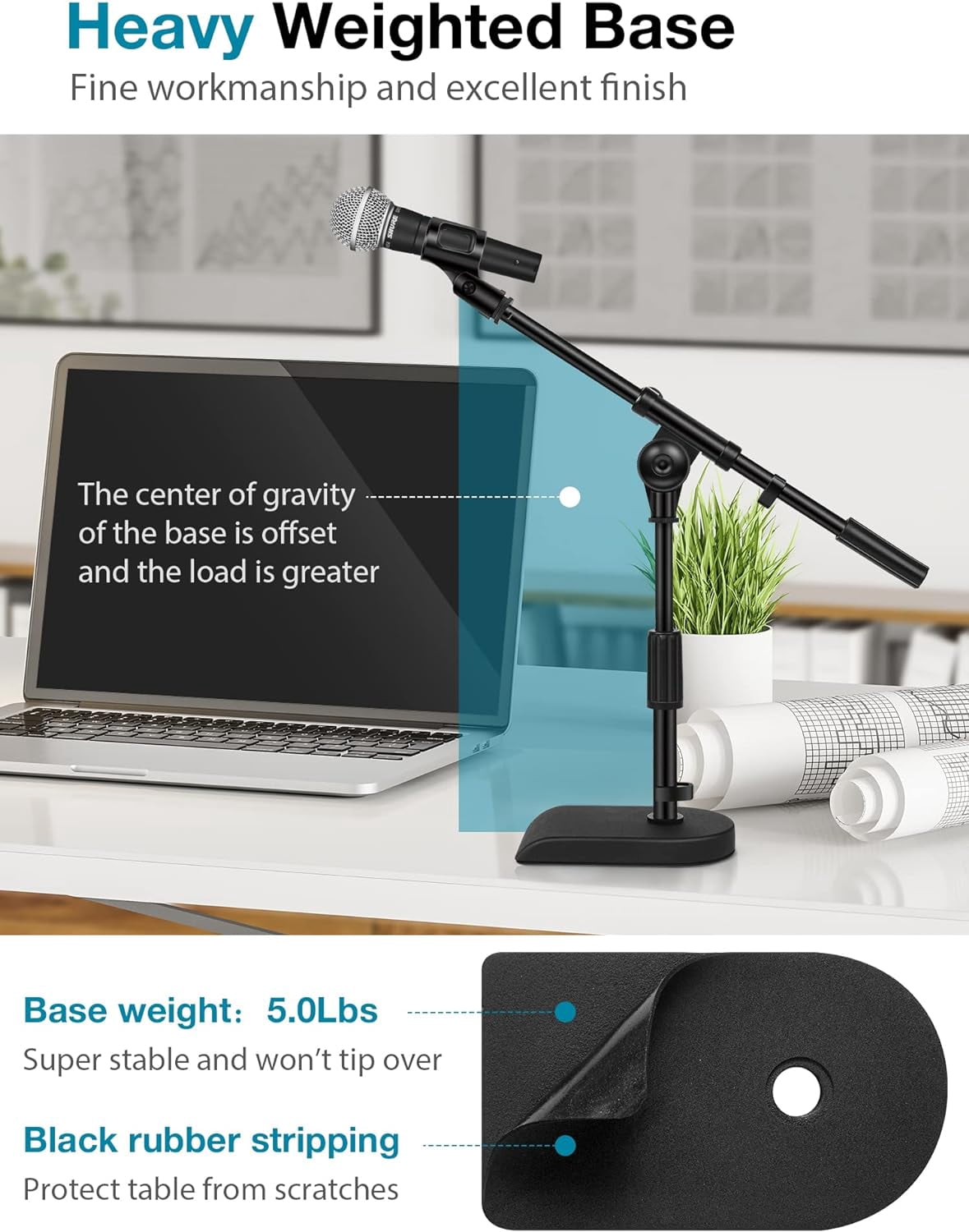 Stand with Weighted Base & 8 Pieces Mic Adapter for Microphone Arm Clip Shock Mount Camera Tripod