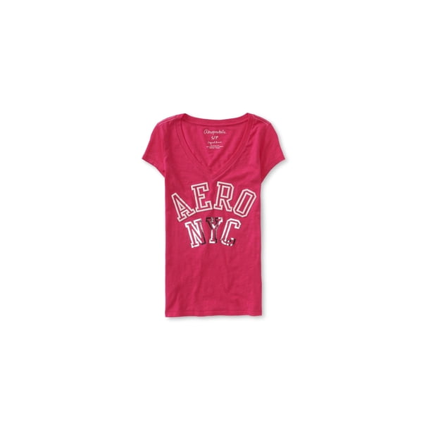 Aeropostale - Camiseta adornada con logotipo de contorno de bloque para mujer, rosa, talla mediana
