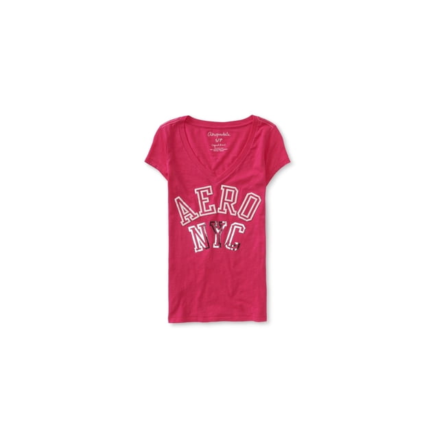 Aeropostale - Camiseta adornada con logotipo de contorno de bloque para mujer, rosa, talla mediana