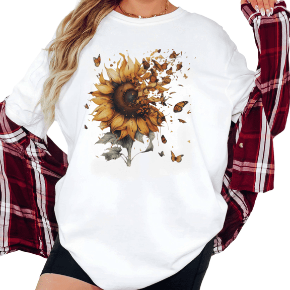 Women's Sunflower Butterfly Art Nature Graphic Comfortable T Shirt Breathable Short Sleeve Round Neck Top White S-5XL