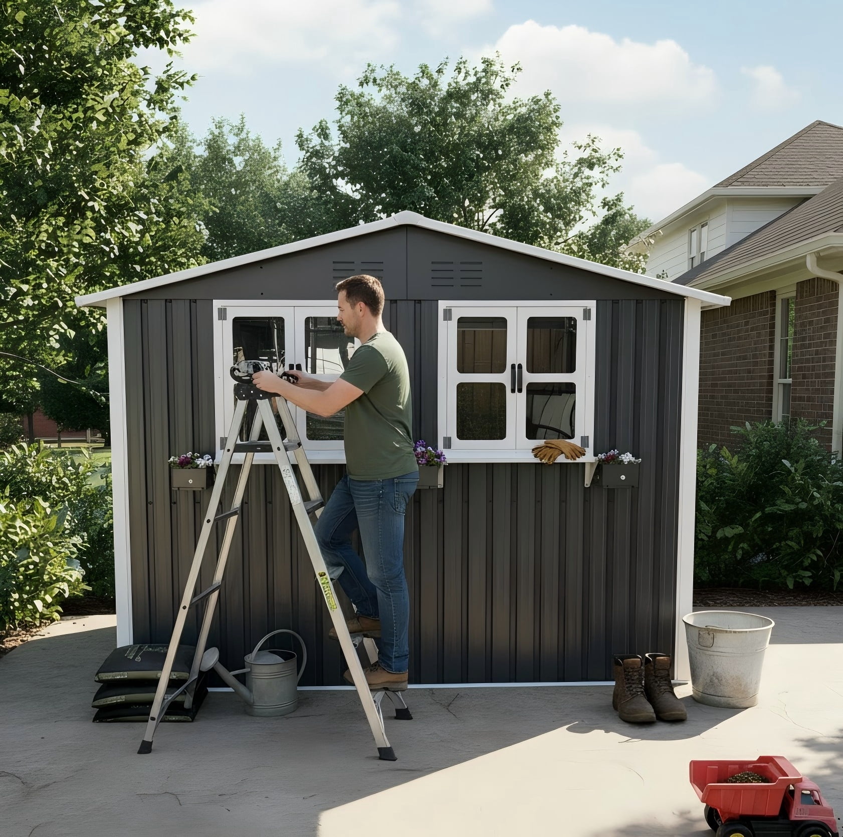 Aukfa 6x9 FT Metal Outdoor Storage Shed with Flower Rack&Lockable Doors, Waterproof Garden Tool Shed for Backyard Patio Lawn, Gray