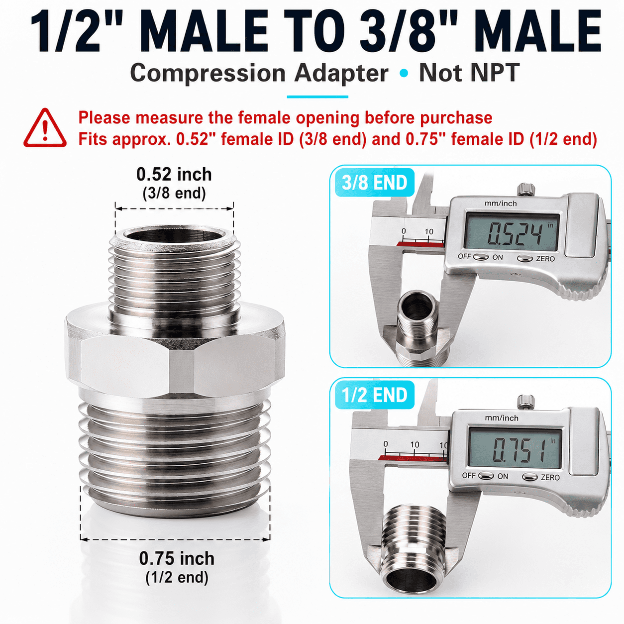 1/2 to 3/8 Reducer Faucet Adapter - Compression Brass Pipe Fitting, 3/8 Male to 1/2 Male Supply Line Adapter for RV Kitchen Plumbing, Water Hose Pipe Connector with Rubber Washer, (2 Pack)