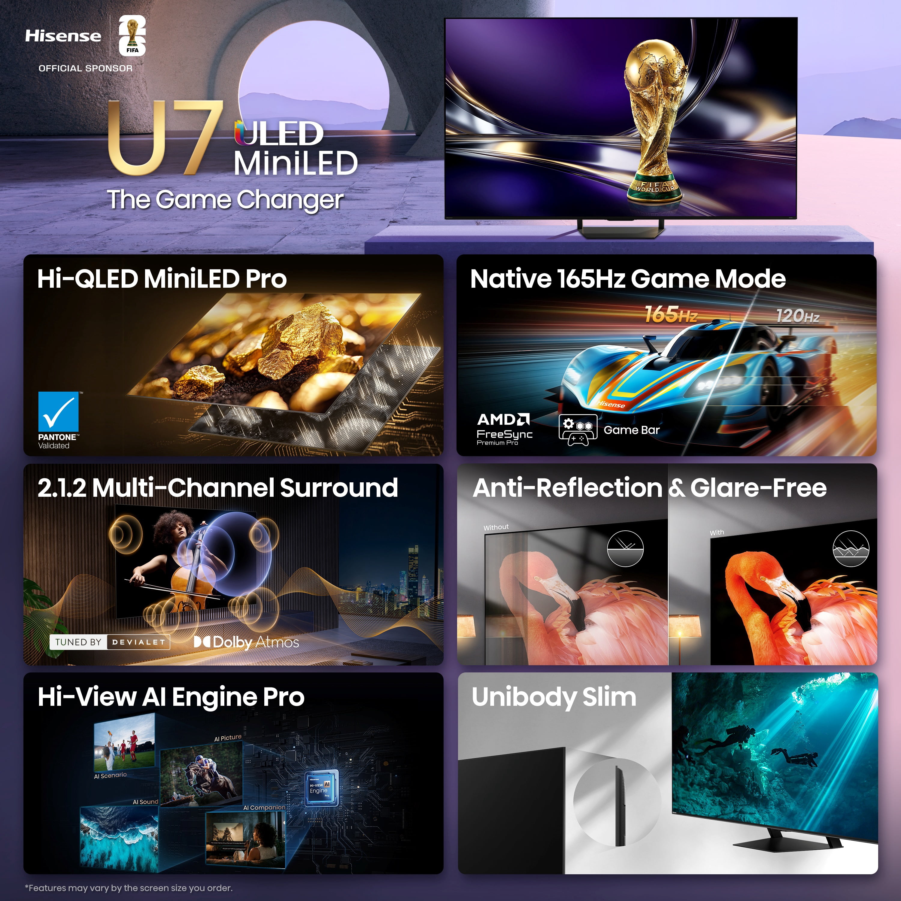 Hisense 65" U7 Mini-LED ULED 4K UHD Smart Google TV (65U7SG, 2026 Model) - Hi - QLED, MiniLED , Native 165Hz, VRR 330, HDR10+, Dolby Vision, IMAX Enhanced, Anti-Reflection & Glare-Free