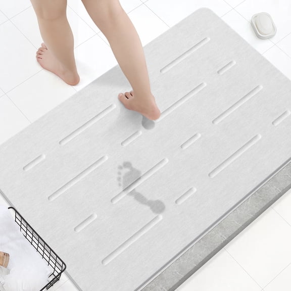 OTHWAY Large Stone Bath Mat, 32"x 20" Diatomaceous Earth Bath Mat for Bathroom, Quick Drying Long Bath Mat Stone Absorbing, Non-Slip Diatomite Hard Stone Shower Mat Instant Dry(White Grey)