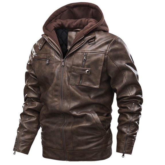 Lilgiuy Men's Multi-pocket Large Size Leather Jacket Clip Cotton Jacket With Long Zipper Cuffs Detachable Hooded Jacket for Sports Exercises