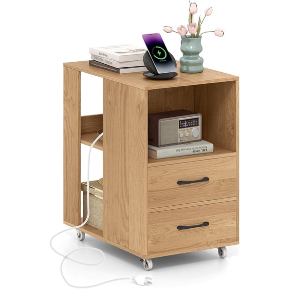 WoofPaw End Table with Charging Station - Night Stand on Wheels, Sofa Side Bedside Table w/USB & Type-C Port, Outlets, Storage Nightstand w/2 Drawers, Open Shelves for Living Room Bedroom (1,Natural)