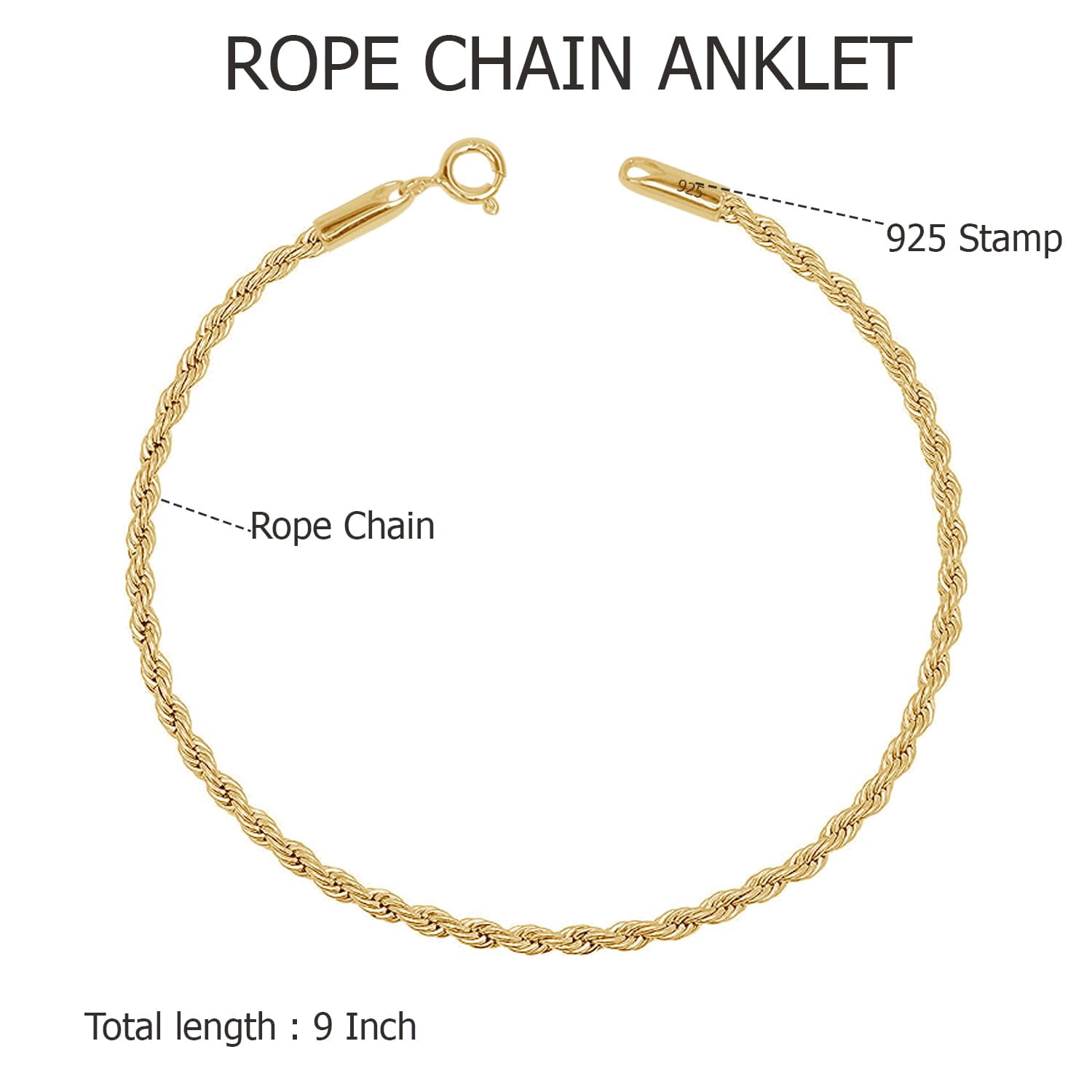 LeCalla 925 Sterling Silver Anklet for Women Gold Plated Ankle Bracelet Rope Chain Anklets