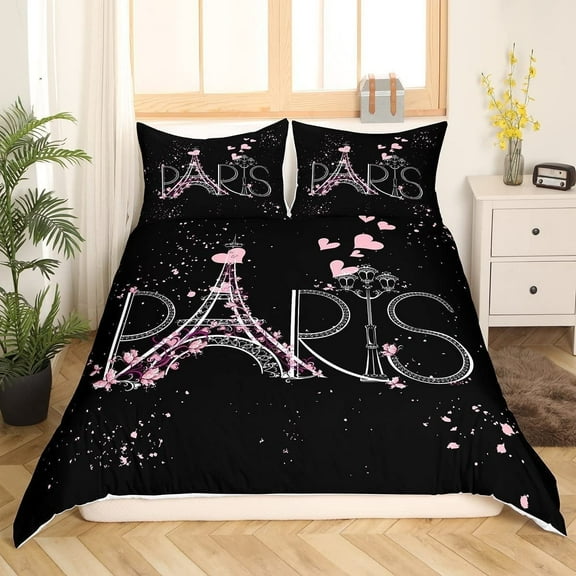 Paris Comforter Cover Set Full Size Eiffel Tower Bedding Set Black and Pink Chic Paris Bedroom Decor Duvet Cover Teens Women Romantic Modern French Bedspread Cover (No Comforter)