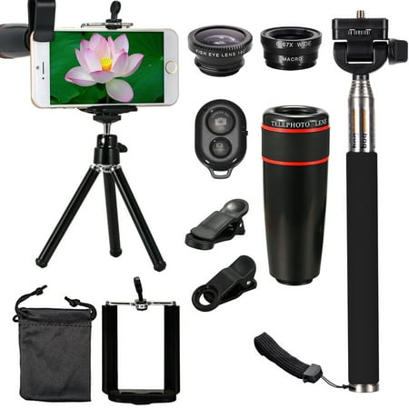 - 10in1 Phone Camera Lens Spring Travel Kit 12X / 8X Telescope+Fisheye+Wide Angle+Macro Telephoto Lens with Mini Tripod & Selfie Stick Monopod For Smart Mobile Phone