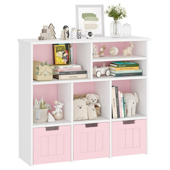 Storage Organizer Kids Bookcase with 3 Movable Drawers Toy Storage Cabinet with Hidden Wheels Multifunctional Storage Chest for Playroom, Nursery and Bedroom, Pink