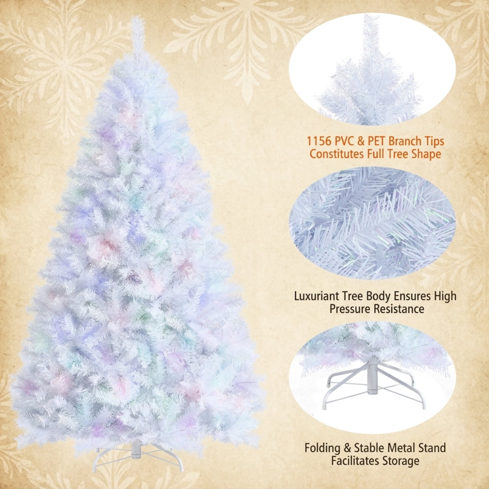 RUIE, 7 ft, Artificial Christmas Tree, 7 Ft White Tinsel Tree, 1156 Branch Tips, White, Hinged Branches for Christmas Party Living Room Decor