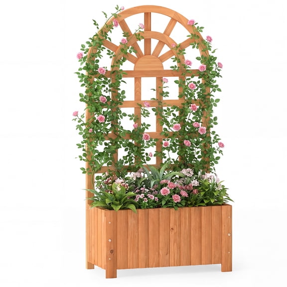 Costway 48” Wooden Raised Garden Bed with Trellis, Drainage Holes for Flowers Vegetables Brown