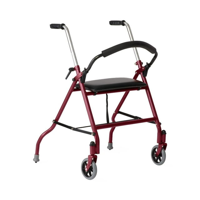 Andador con ruedas Medline de 2 ruedas para adultos y personas mayores, capacidad de peso de 136 kg, color burdeos, ruedas de 12,7 cm, asiento acolchado, plegable, asas ajustables y frenos de presión.