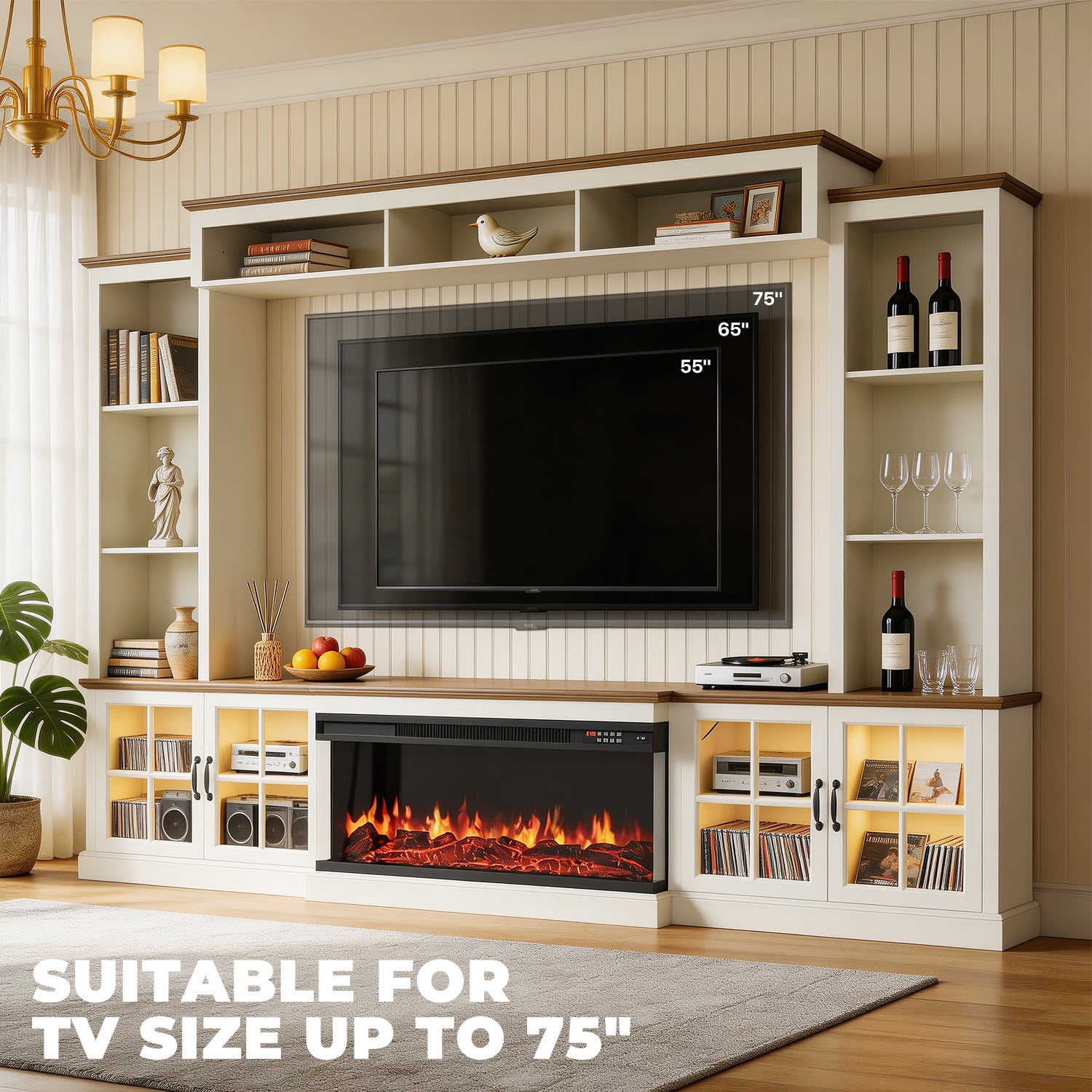 BaPiPro 98" Farmhouse TV Stand with Fireplace, Bookshelf, Entertainment Center for 75" TVs with Storage, Large Wall Unit Media Console for Living Room, White
