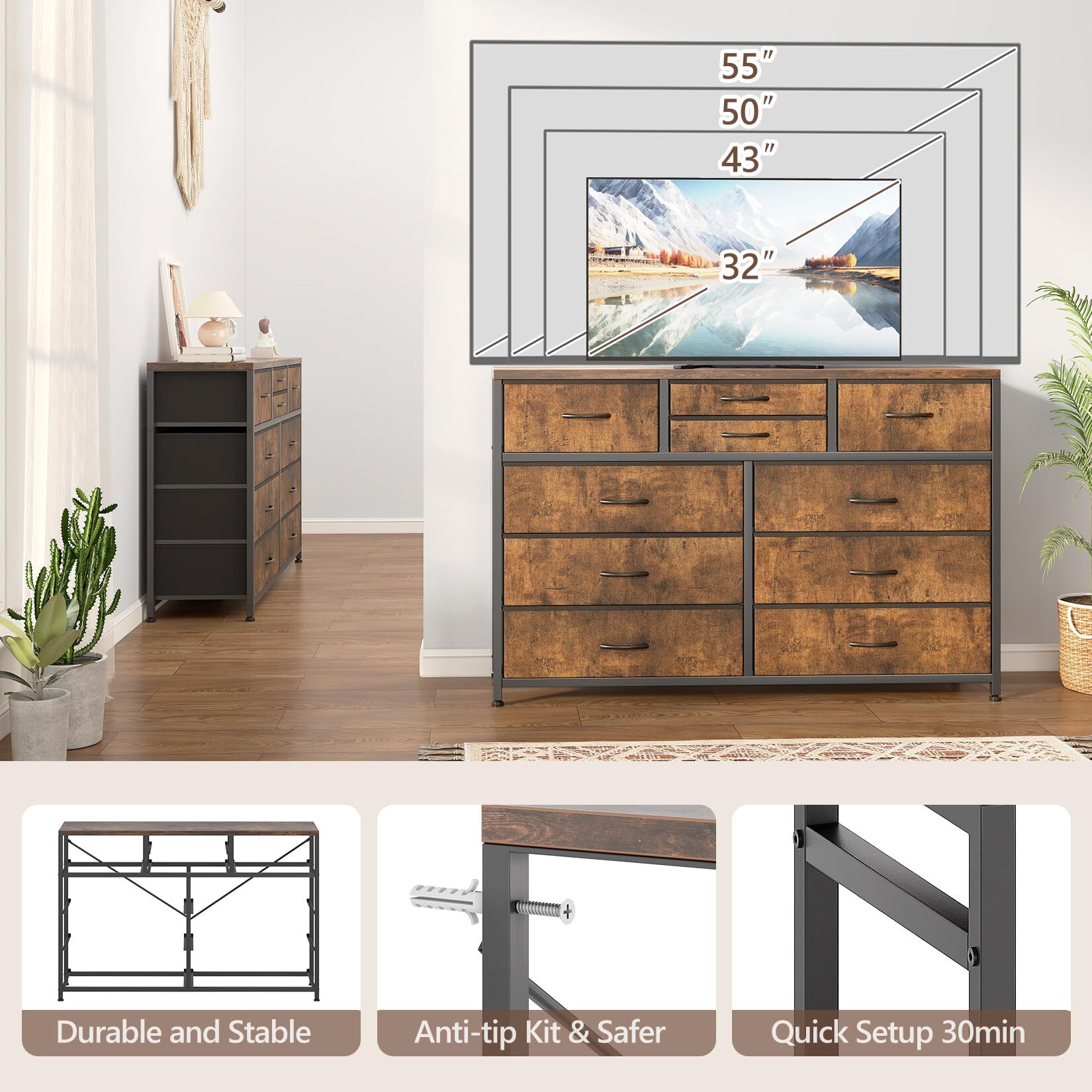 Emorefun TV Stand for 55 Inch TV, Entertainment Center with 10 Drawers for Living Room, Closet, Entryway, Hallway, Rustic Brown