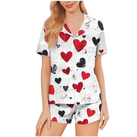 Lovzfmll Pajama Set for Women Valentine s Milk Silk Pajama Set Short Sleeve Collared Top & Shorts Soft & Comfortable White-C XL