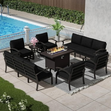 ASJMR 2PCS 3 Seat Aluminum Armrest Sofa with 2 Swivel Rocking Chairs & 45" Fire Pit Table & Glass Top Table & 2 Armrest single Chairs,Outdoor Patio Furniture Conversation Set,Black