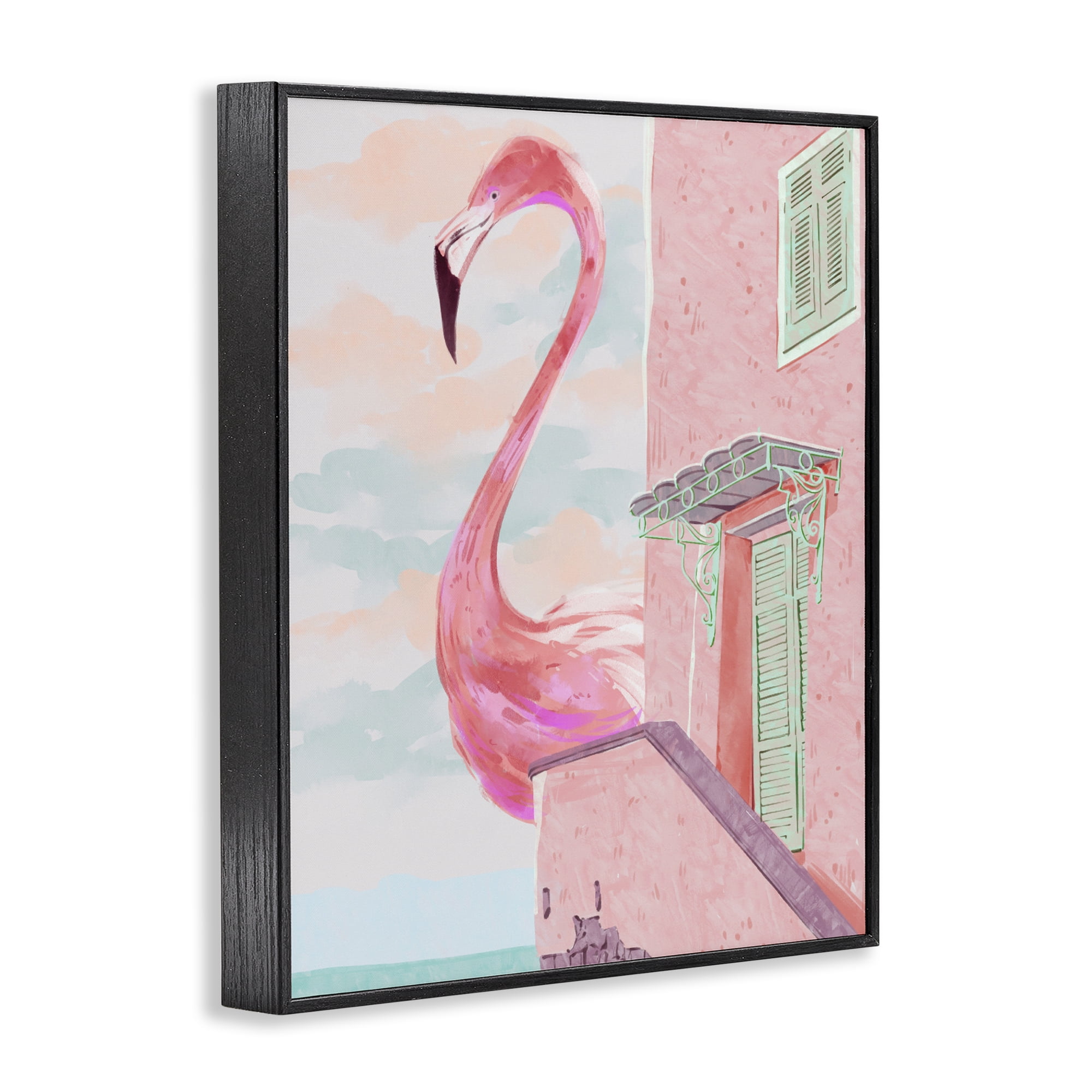 Stupell Industries Giant Flamingo with Seaside Balcony Black Framed Giclee Art, design by Ziwei Li