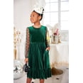 thumbnail image 3 of Oudiya Girls Midi Dresses Contrast Mesh Long Sleeve Velvet A-Line Vintage Party Dress with Pockets for Girls 6-13Y, 3 of 7