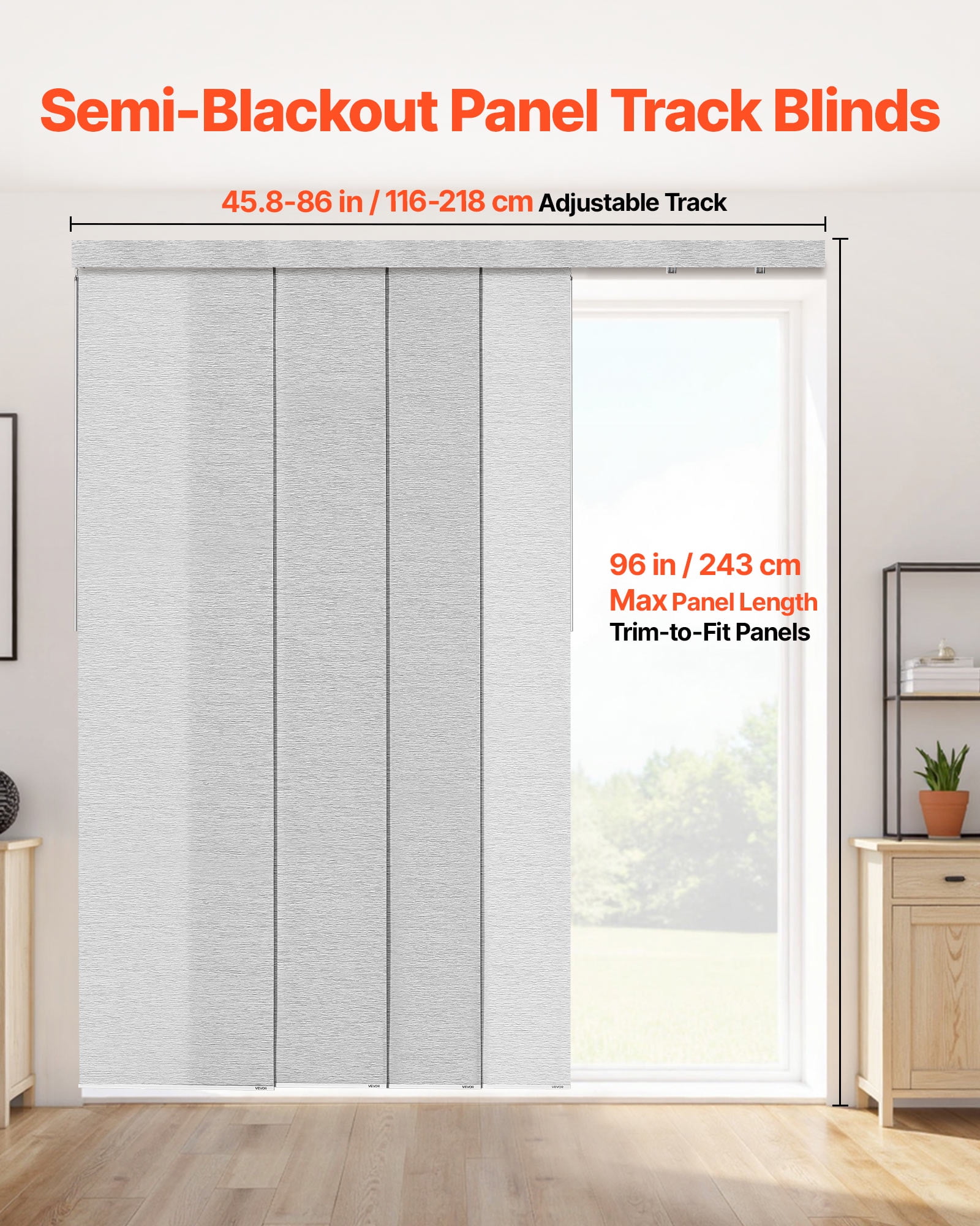 VEVOR Panel Track Blinds,Extendable Track from 45.8 in to 86 in W, Trimmable Panel Curtains Up to 96 in H, Adjustable Vertical Panel Blinds for Sliding Doors, Patio Doors, Room Divider, Window, Gray