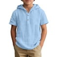 thumbnail image 3 of Lumosvexa Boys Hooded Linen Shirt Lightweight Short Sleeve Breathable Summer Vacation Button Up Shirt Blue 7-8, 3 of 10