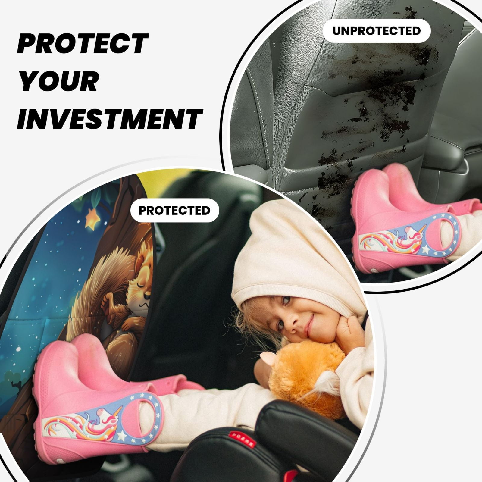 Kdxio Squirrel Sleeping In Tree Print 2 Pack Car Kick Mat Seat Cover Back Protector Mat with Pockets for Organizer Backseat Protector and Storage Anti Kick Pad for Vehicles