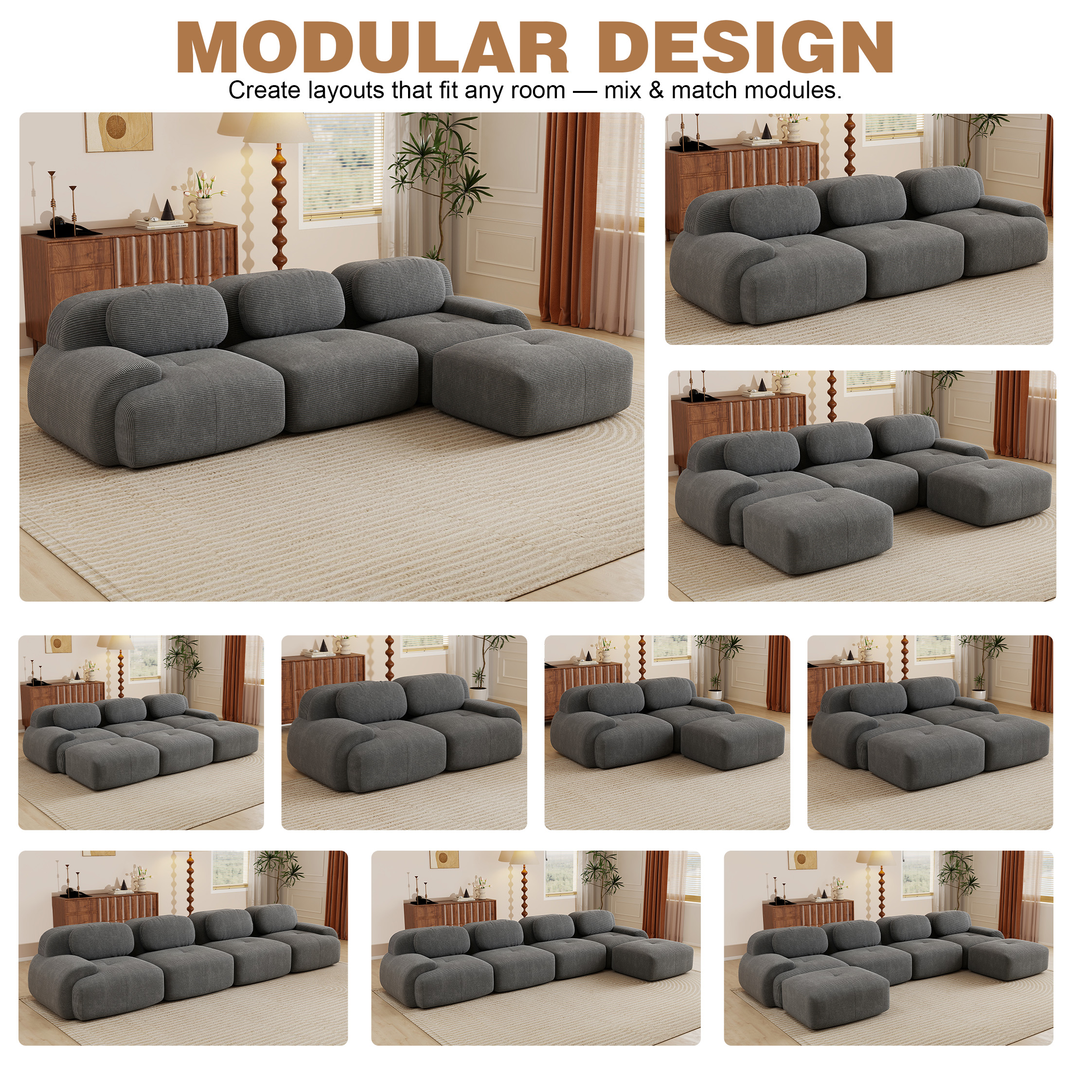 Aukfa 118" L-Shaped Modular Sofa, Oversized 3-Seater w/ Deep Seat, Ottoman, Corduroy, No Assembly, Gray