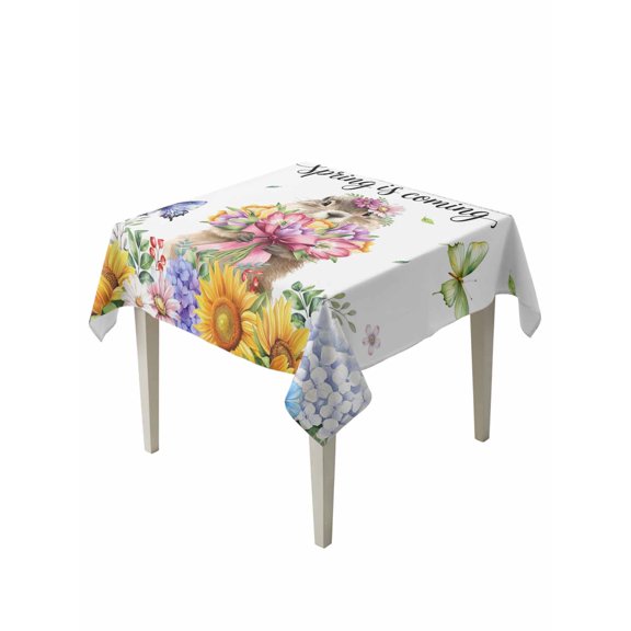 Spring Groundhog Table Cloth, Waterproof Tablecloth for Square Tables, Watercolor Sunflower Botanical Butterfly Reusable Washable Fabric Table Cover for Restaurant Kitchen Dining Tables 54"x54"