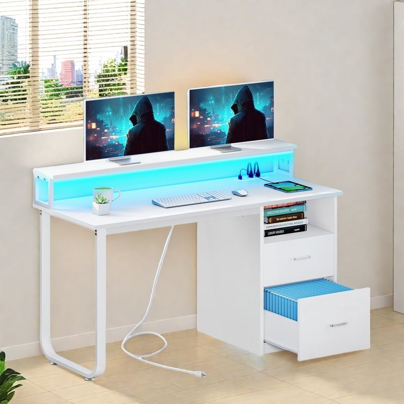 Uforic 47" Computer Desk with Drawers, Home Office Desk with LED Lights& Power Outlet, White
